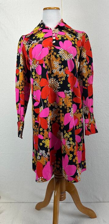 Other Dresses & Skirts - Vintage 60's 70's Mod Floral Shirt Dress Rock Bold Pointed Collar SZ L Retro